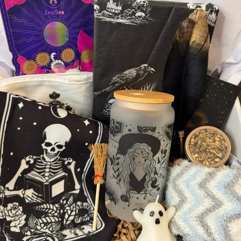 Witchy Book Box Lover - Decorative Gift Box for Halloween with Various Items Including Books, Cups, and Multicolor Designs