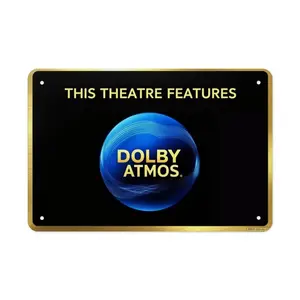 Atmos-themed Tin Sign for Cinema Decoration, Audio-Visual Space Arrangement, Space Enhancement Showcasing High-End Sound Effect Technology, Home Theater Setup, Vintage Design, Retro Decor, Durable Wall Art, Handcrafted Metal
