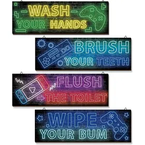4 Pcs Boy Bathroom Decor Neon Gaming Decor Teen Bathroom Decor Bathroom Gaming Wall Art Room Accessories for Teen Boys Kids Bathroom Decor for Teen Boy Bathroom Bedroom Playroom