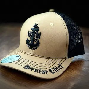 Puff Embroidered Senior Chief Anchor - Embroidered Bill Trucker Style Ball Cap - Adjustable Snap-on Strap- Khaki/Black Mesh Color