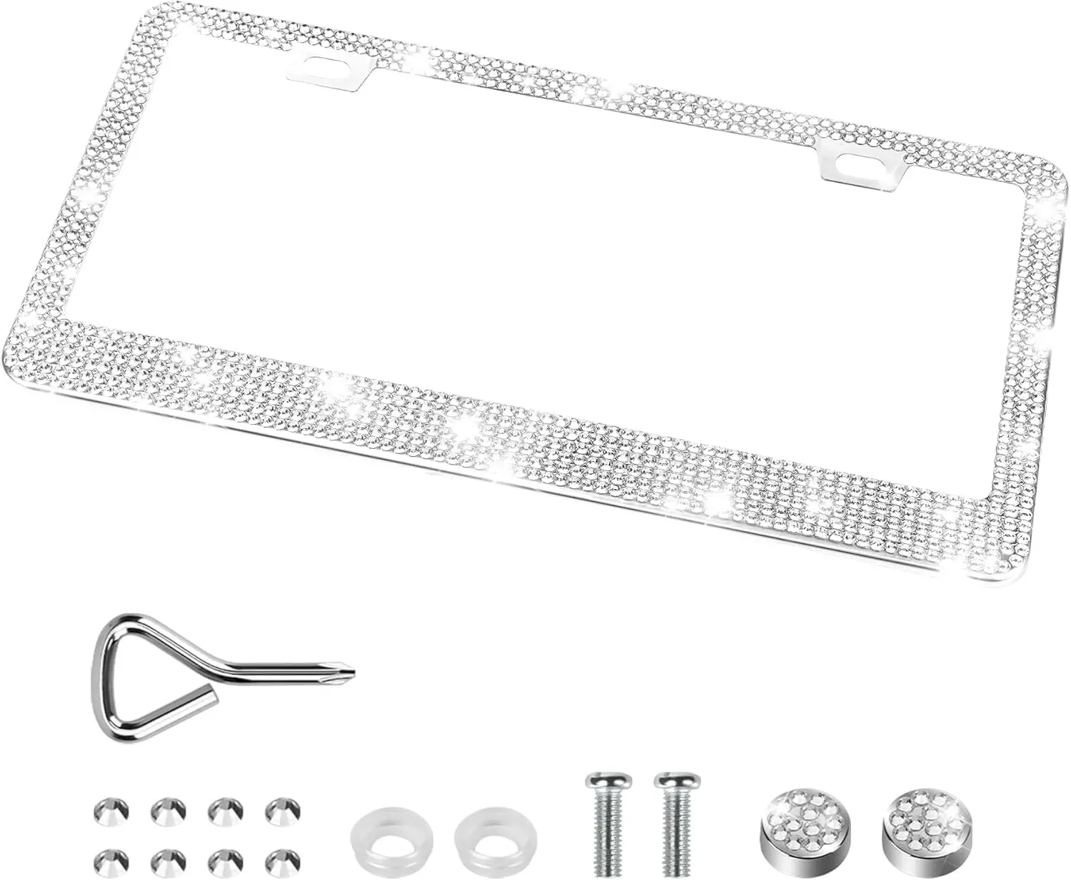 Bling License Plate Frames for Women, Sparkly Rhinestone Diamond Car Accessories with Glitter Crystal Caps (1 Pack White)
