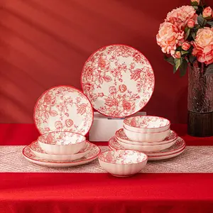Rose Pattern Ceramic Tableware Set, Dinnerware Set, Including Bowl, Plate, Cup, Saucer, Spoon, Fork, Knife, Tableware Set for Home Kitchen Dining Room, Plates Bowls Sets
