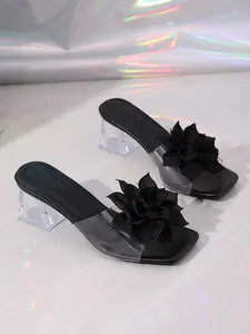Women's White 3D Flower Clear Block Heel Square Toe Slides, Romantic Coquette Vacation-Chic Style, Elegant Bridal Sandals #CoquetteVacationShoes, #WhiteFlowerClearHeelSlides, #BridalWeddingSandals