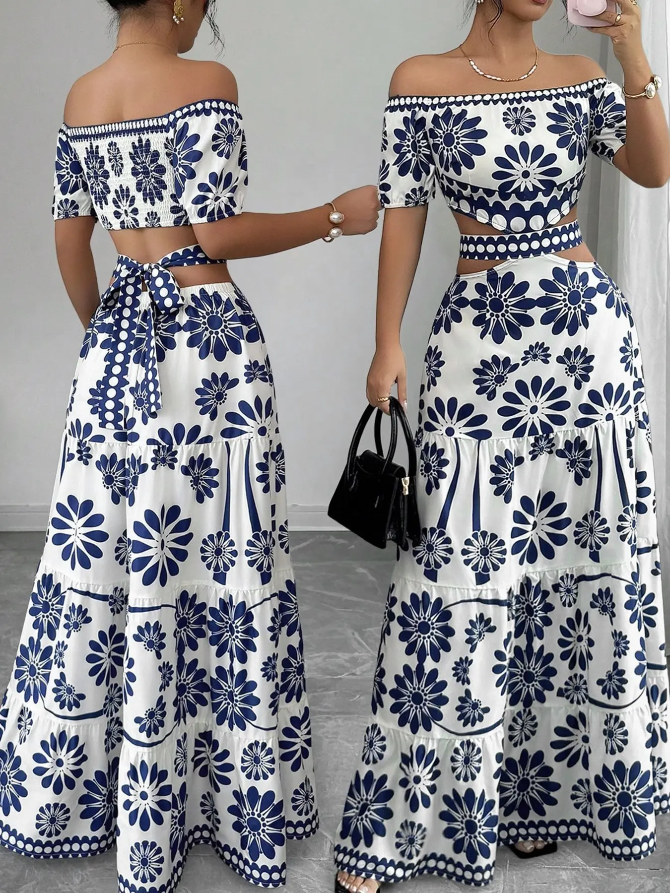 Blue Floral Low Back Dress, Boho Style Bohemian Vacation Dress, Porcelain Print Set, Summer Beach, Elegant Casual Wear, Boho Style Dresses, Ff2609