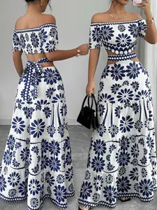 Blue Floral Low Back Dress, Boho Style Vacation Dress, Porcelain Print Set, Summer Beach, Elegant Casual Wear, Ff2609