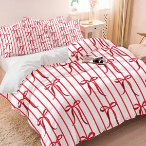 Red and white striped bow-print duvet cover bedding set includes one duvet cover and one or two unfilled pillowcases. Soft, comfortable, and playful, it's perfect for women who love a retro, sweet style, ideal for bedroom decorations or as a gift.