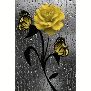 Chic Yellow Rose & Butterfly Canvas Art Print, 12x18 " - Frameless Black & White Wall Decor for Living Room, Bedroom, Office, Perfect for Room Decor