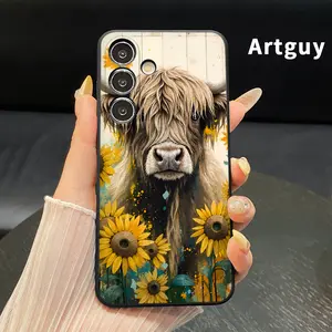 Sunflower Highland Cow Pattern Phone Case Compatible with Samsung Galaxy S26 S23 Ultra S24 Plus S25 S22 Edge Shockproof Drop Protection Rugged Durable Silicone Cover