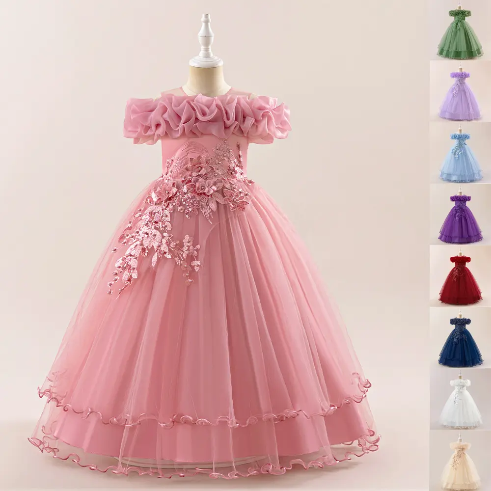 Kids Clothes Pink Petal Sequin 3D Floral Princess 0031 Long Ball Gown Children Party Host Cocktail Dress Flower Girls 7-12Y