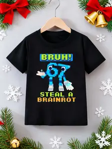 Boys' Fun Robot Six Seven Print Casual Sports Short Sleeve Shirt, Soft Fabric, Youth Clean Clothing, Trendy Sportswear, Christmas Gift Choice