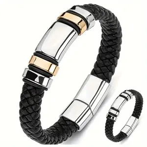 Fashion classic glossy 4-ring black braided PU leather bracelet Men's handsome business bracelet with stainless steel  magnetic buckle Jewelry