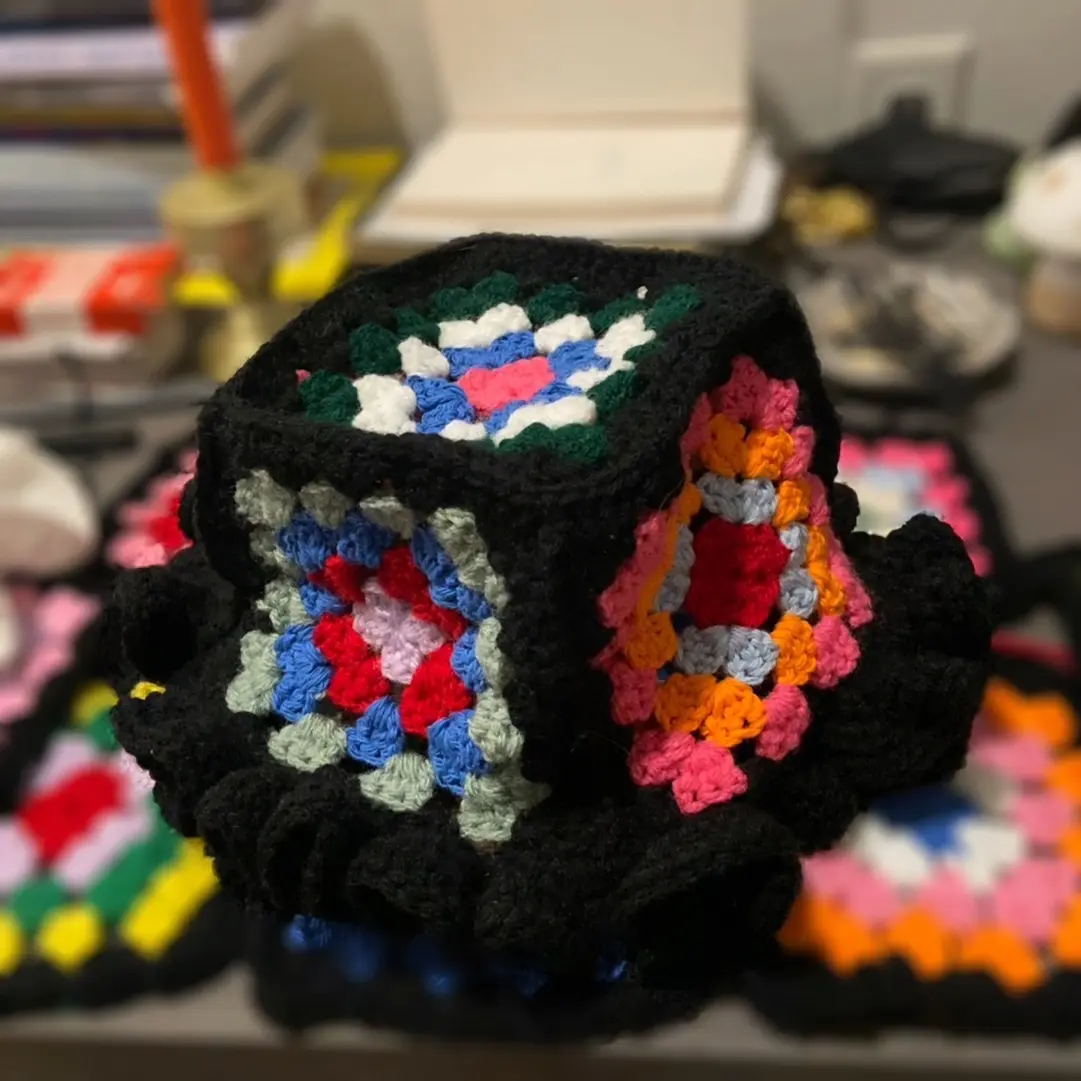 Multicolored Granny Square Flower Brim Beanie