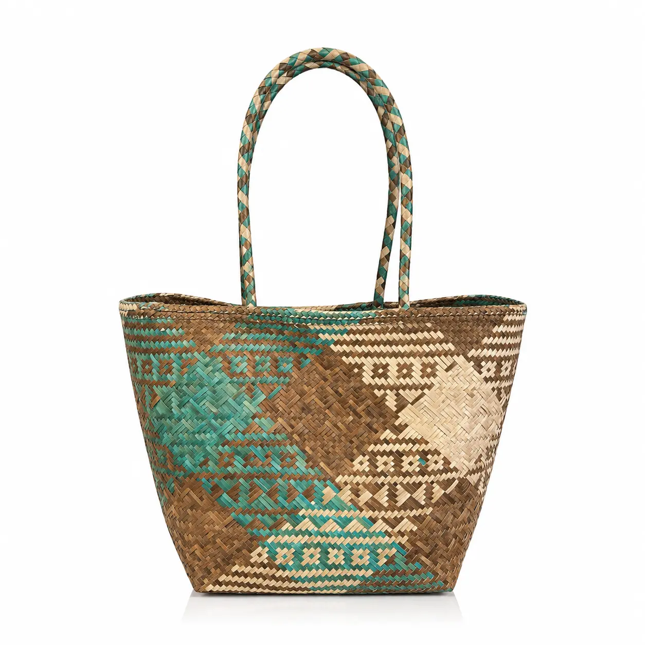 Handwoven Seagrass Tote Bag – Lightweight Beach & Market Tote | Teal & Brown Artisan Shoulder Bag | Eco-Friendly Summer Tote