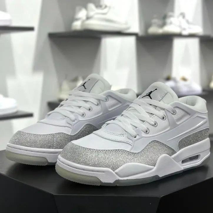 White Synthetic Leather Low‑Top Sneakers Silver Glitter Panel Translucent Outsole Cushion Midsole Retro Street Fashion Non‑Slip Casual Footwear For Women Unisex