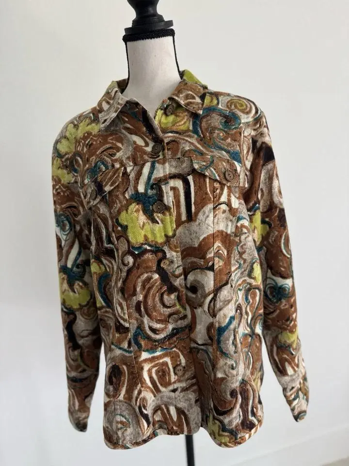 Chico’s India Cotton Velvet Jacket Blazer Floral Yellow Long Sleeve Size 2 L