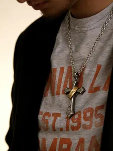 Vintage Memento Mori Gothic Cross Pendant Necklace, Two-Tone Religious Jewelry for Men, Stylish & Durable Design