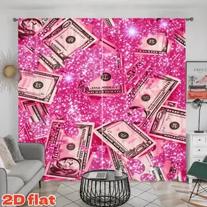 2D Flat 2Pcs Pink Glitter Money Pattern Curtains, Sparkly US Dollar Bills Print Drapes, Rod Pocket Style Semi-Sunshade Privacy for Living Room, Bedroom, Balcony, Kitchen, Study Window Decor, Christmas Gift Decoration, Home Decoration Curtain, Anti-privacy