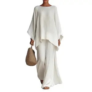 2026 New Arrival Women's Simple Loose Linen Blend Shirt & Wide-Leg Pants Set