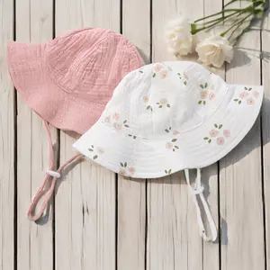 Baby Girls' Adjustable Tie Turban Sun Hat - 1pc Newborn-Fit Infant Bucket Flower Hat, Solid Floral Print Headwrap for 0-12m Kids