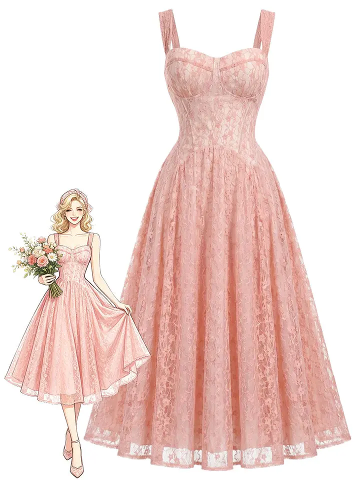 Pink 1940s Lace Sweetheart Neck Spaghetti Strap Corset Dress
