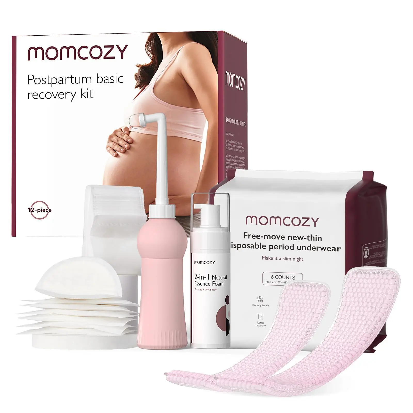 Momcozy Postpartum Recovery Essentials Kit, Labor Delivery Mom Care Kit, Self-Absorbent Disposable Underwear Nipple Nursing Pads Upside Down Peri Bott