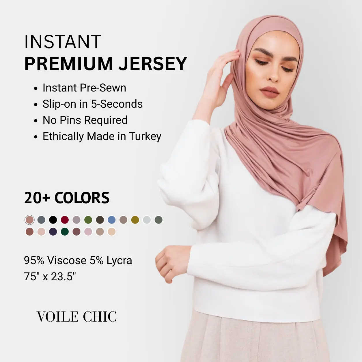 Voile Chic Instant Jersey Hijab Scarf for Muslim Women - Slip-On, No-Pins, Ready-to-Wear, Soft Stretchy Full Coverage, Lightweight Jersey Hijab, All-Day Comfort, 75"x23.5"