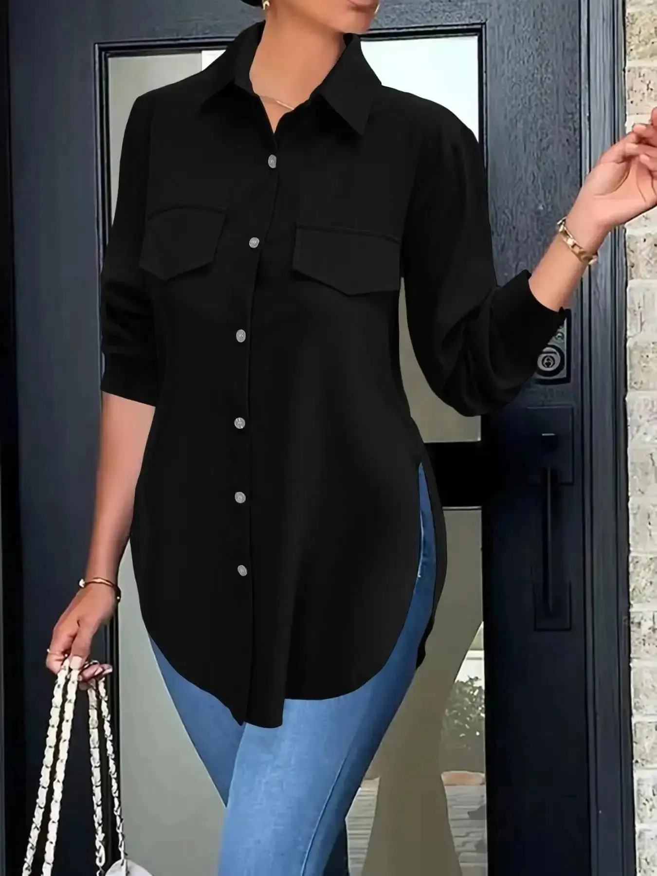 Women's Modern Basic Plain Button Front Pocket Shirt Blouse, Casual Long Sleeve Collared Top for Daily Wear, Ladies Clothes for All Seasons, Everyday, effortless layering, chic everyday, refined casual