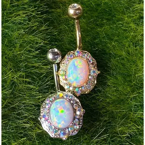 Opal Center Belly Ring Paved Aurora Borealis Gems Pierced Navel IP 14k Gold