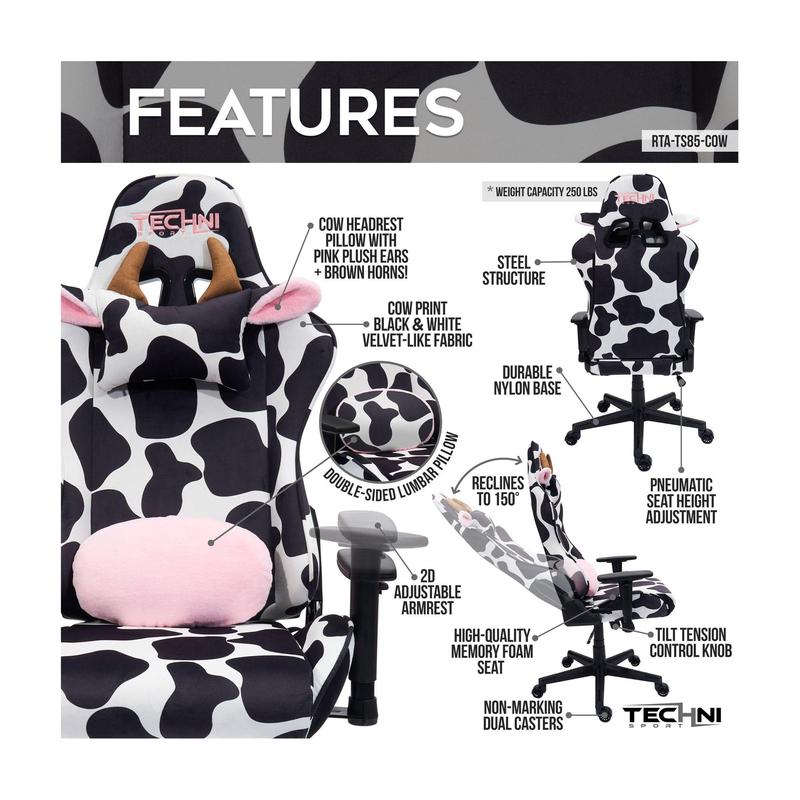 Techni Sport Cow Print Memory Foam AdjustablePC Gaming Chair