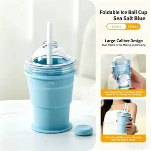 2-in-1 Stackable Silicone Ice Cube Cup with Lid - Food-Grade, Reusable, Washable, Flexible, Foldable, Dual-Mode, Instantly Transforms into Straw Cup, Easy Ice Removal, Leak-Proof, Portable for Drinks at Home, Outdoor Coffee Use