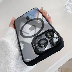 Metal Lens Kickstand Case for iPhone 16 15 14 13 12Pro Max compatible with Magnetic MagSafe Charging, with Camera Lens Protector, Clear Acrylic Transparent Case Wireless Cover support