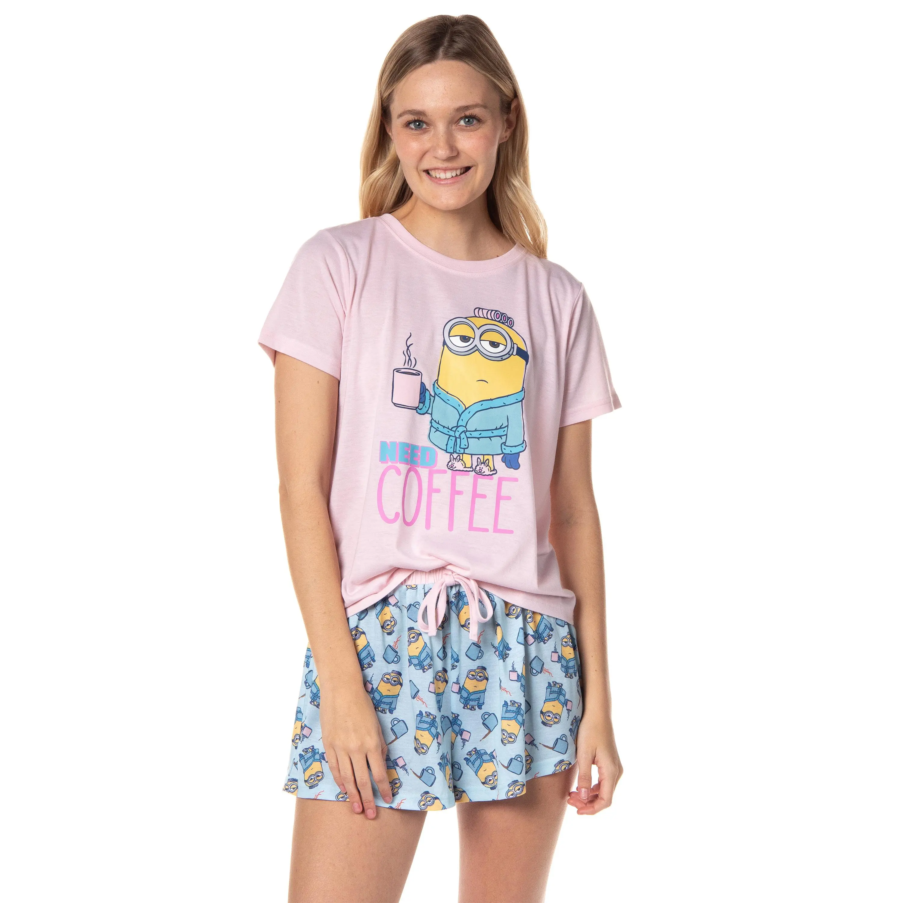 PJammy Women's Despicable Me Minions Comic 2-Piece Sleep Pajama Set - Jersey Polyester Nightwear with Shorts, Coffee-Themed Character Robe