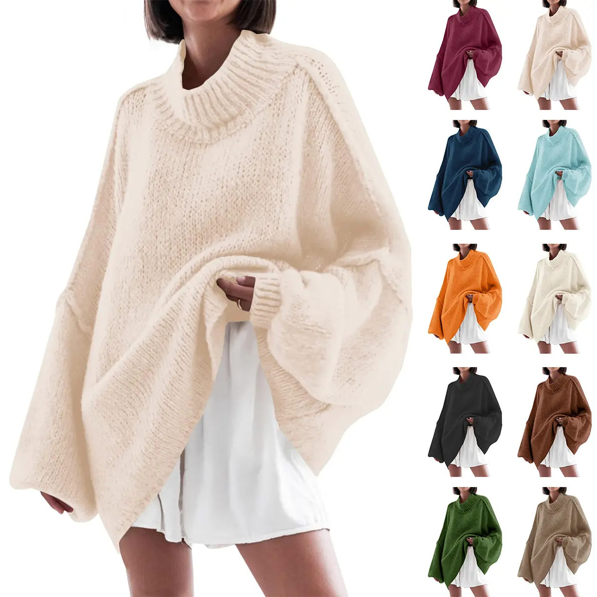 PiePieBuy Women's Trending Oversize Turtleneck Batwing Long Sleeve Ribbed Knit Tunic Pullover, Casual Chic Women's Top for Party, Knitwear, Drop Shoulder, Basics, Batwing Sleeves, Soft Polyester, All Seasons, Classic, Full-Length, Do Not Bleach, Cold Wash