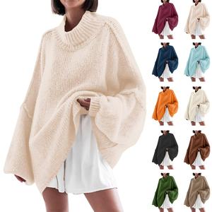 PiePieBuy Women's 2025 Trendy Chic Loose Knitwear - High Mock Neck, Long Batwing Sleeves, Ribbed Polyester Tunic, Long Sleeve, All-Season, Stylish, Warmer Women's Pullovers for Fall