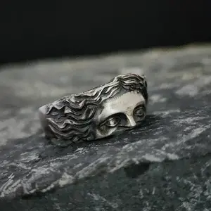 Rings For Men Creative Venus Mask Ring, Retro Thai Silver Relief With Adjustable Opening Ring Confessing