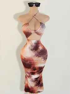 Spring Summer Fall New Sexy Halter Backless Dress, Cross-Bound Belted Waist Ruched Slim Fit Long Skirt, Party Dating Vacation Style Dress, Womenswear