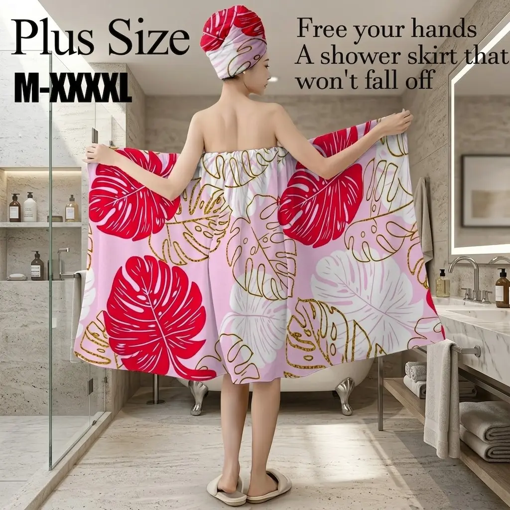 Plus Size M-XXXXL Pink Monstera Leaf Print Women Bath Wrap Skirt & Hair Towel Set, Non-Slip Adjustable Shower Skirt for Bathroom, Spa, Summer Vacation, Tropical Party