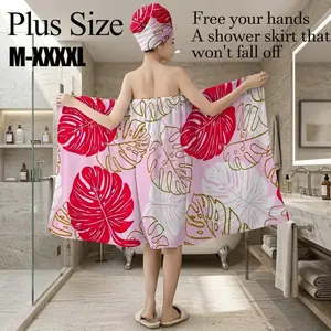 Plus Size M-XXXXL Pink Monstera Leaf Print Bath Wrap Skirt & Hair Towel Set, Non-Slip Adjustable Shower Skirt for Bathroom, Spa, Summer Vacation, Tropical Party