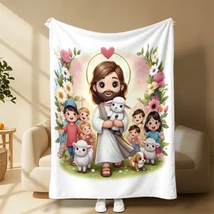Jesus With Lambs Printed Flannel Throw Blanket, Soft Warm Cute Pattern Cozy Blanket, Modern Stylish Home Decor Blanket For Living Room Bedroom Sofa, All Season Daily Use Blanket, Ideal Religious Gift For Christmas Halloween & Fall Season Decoration