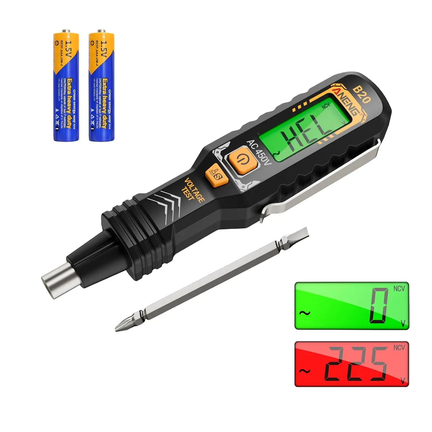 Voltage Tester with Double Head Screwdriver Tester Tool,Non Contact Voltage Detector,Electrical Tester,Dual-Range AC 11V/30V-1000V,LCD Display,Buzzer Alarm,Live/Null Wire,Wire Breakpoint Finder BLACK