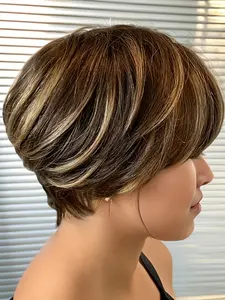 Highlight Color Short Pixie Cut Wigs with Bangs, Straight Human Hair Wigs, Natural Look, Easy Maintenance, Perfect for Daily Wear, Highlight Bob Wig