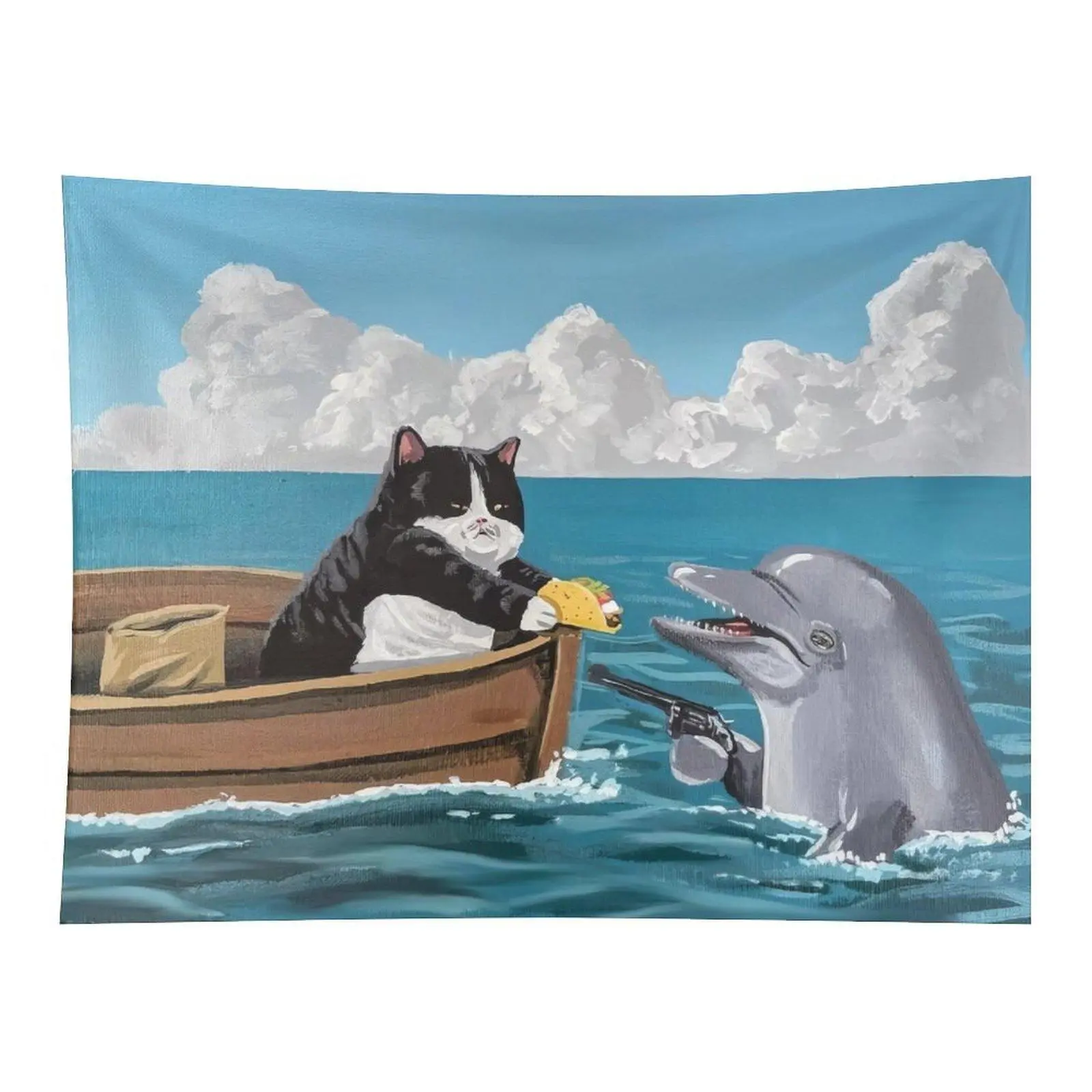 Funny Cat Dolphin Taco Gun Ocean Boat Surreal Meme Wall Tapestry Wall Hanging, Weird Surreal Animal Cartoon Teen Bedroom Decor Ornament
