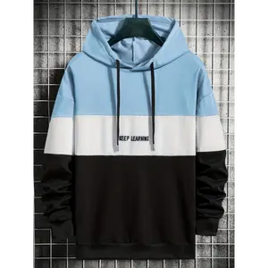 Keep Learning Print Patchwork Hoodie, Hoodies For Men, Mens Casual Pullover Hooded Thin Sweatshirt With Kangaroo Pocket For Spring Fall, As Gifts Fabric Menswear Sleeve Collar Polyester Stretch Tops Operator