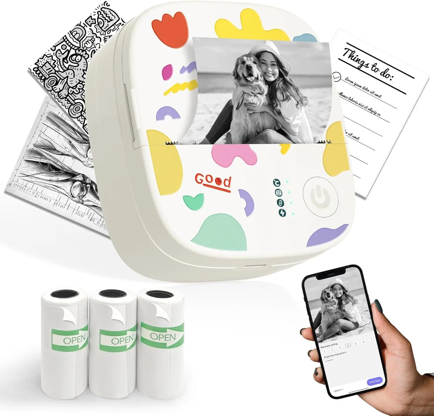 Mini Sticker Printer, AHM2 Sticker Maker Machine for Kids | Portable Bluetooth Printpods with 3 Rolls Paper, Mini Thermal Printer Suitable for Creative DIY, Photos, Study Notes -White XenGro