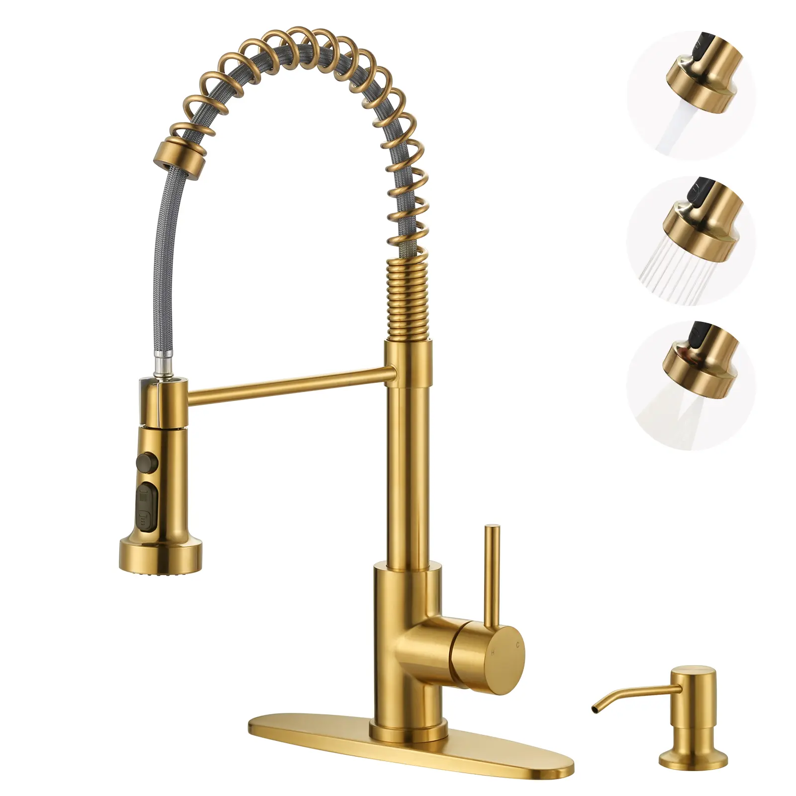 WOWOW Single Handle Pull-Down Multimode Spray Kitchen Faucet with Soap Dispenser, High-Arc SUS304 Steel Sink Tap, Brushed Gold Water-Saving Faucet for Kitchen Sink, Brushed Gold Kitchen Taps