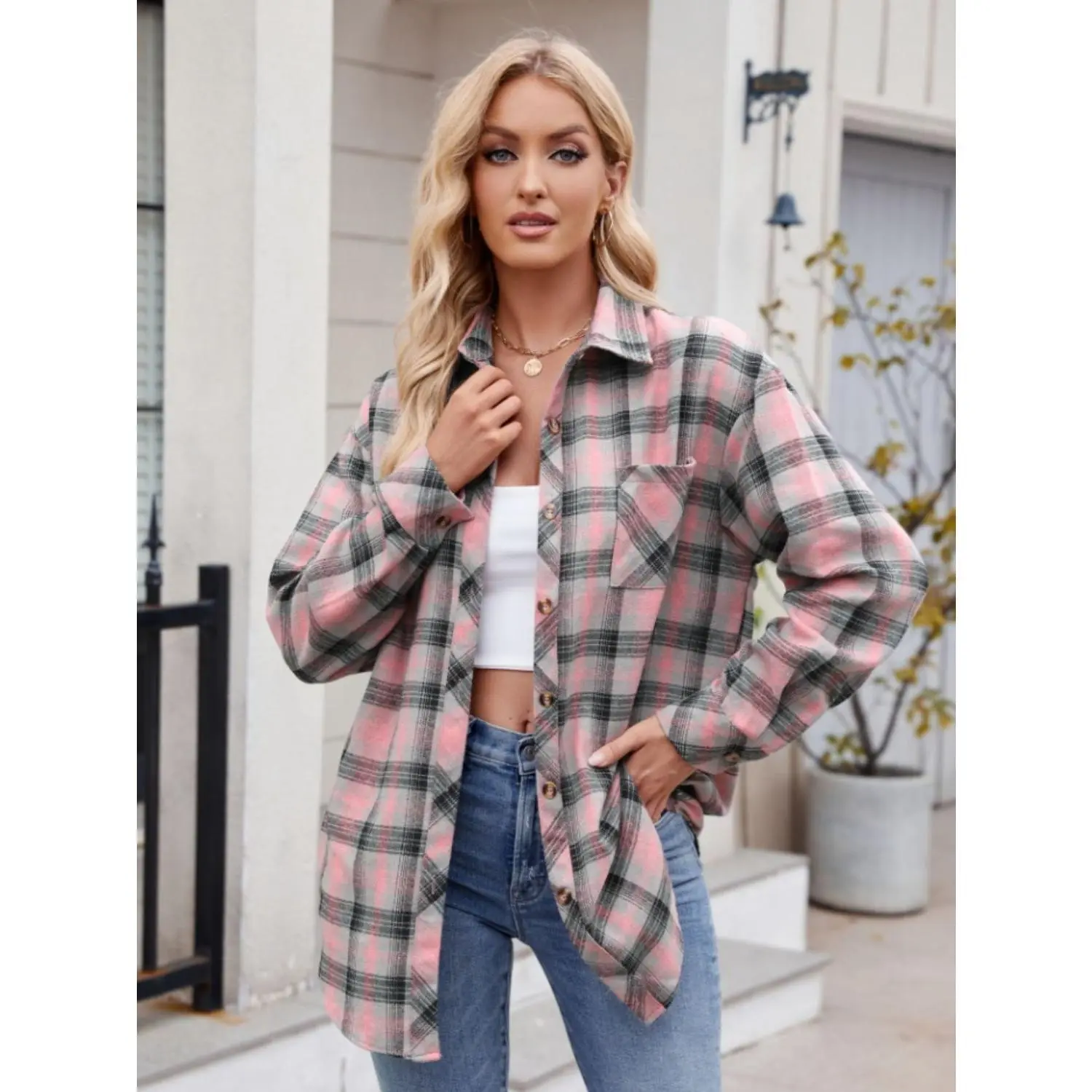 Mandy Pocketed Plaid Collared Neck Long Sleeve Shirt