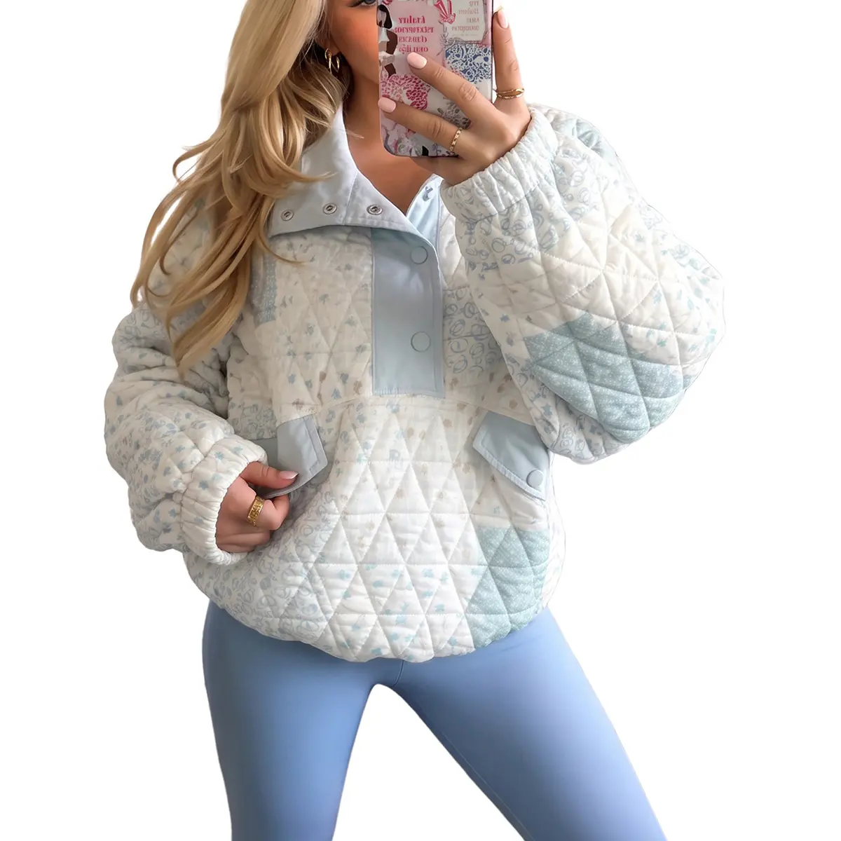Mntaor Women's Quilted Patchwork Pullover - Womenswear Soft Multicolor Floral Print Half-Button Top, Oversized Warm Pocketed Layering Top for Travel, Fall, Winter Casual