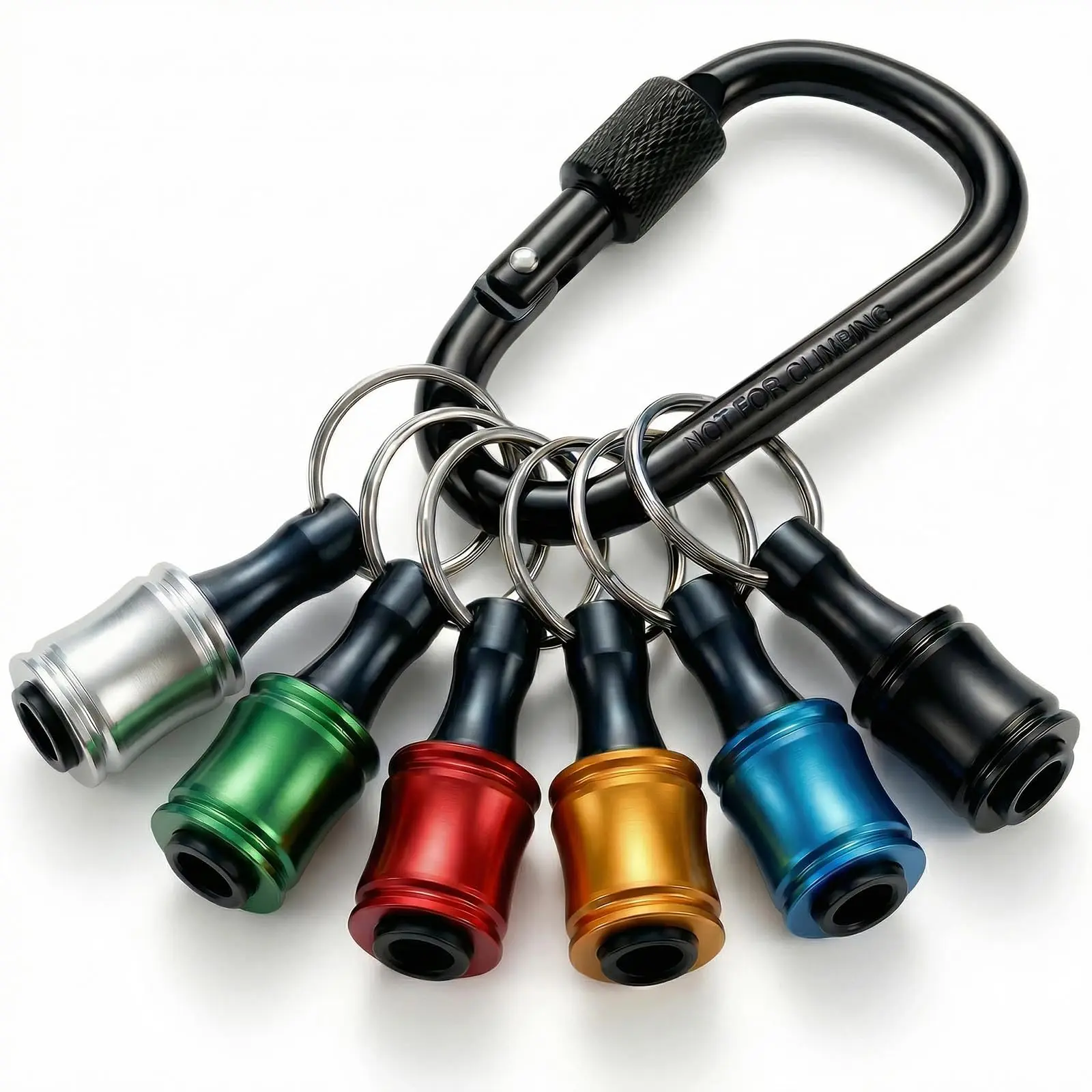 6 Pack Aluminum Alloy 1/4 Inch Hex Shank Drill Bit Holder Keychain with Carabiner, Push to Release Screwdriver Bit Carrier, Practical Mechanic Tool Gift for Men