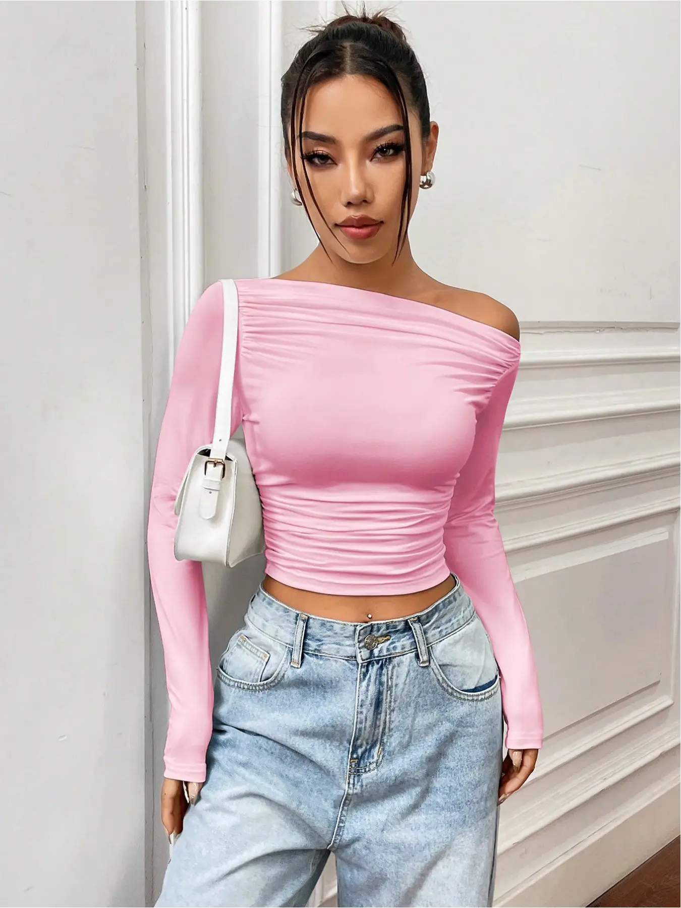 Women's Asymmetrical Neckline Pleated Long Sleeve Fitted T-Shirt Y2K Style Streetwear Versatile Autumn Top, Elegant and Fashionable Casual Wear Suitable for Daily Outdoor, Home, Work, Parties, and Bars, Womenswear