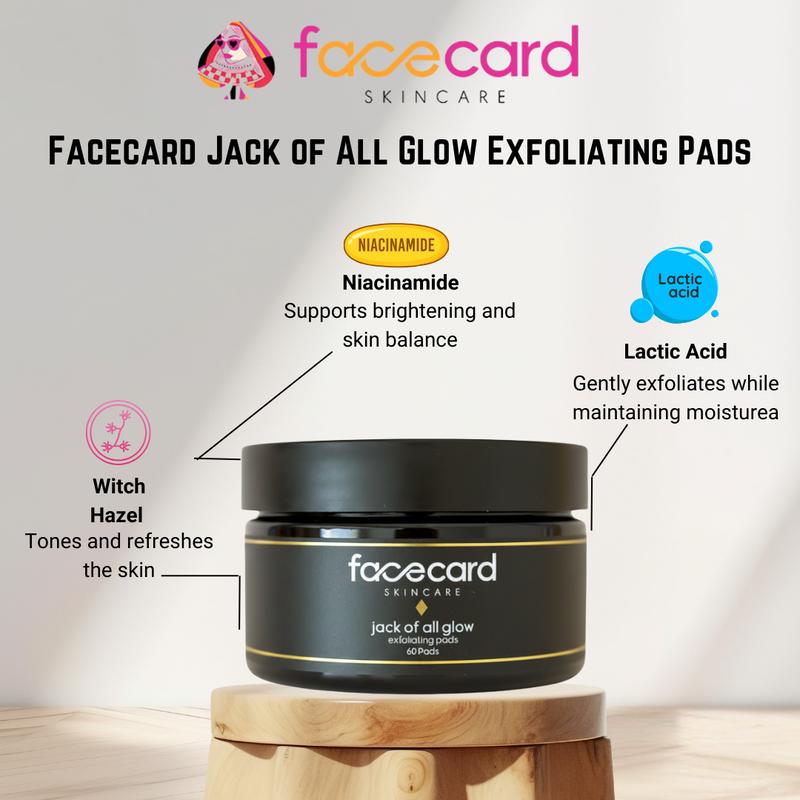 Facecard Jack of All Glow Exfoliating Pads | 60 Daily Facial Exfoliating Pads with Glycolic Acid, Salicylic Acid & Witch Hazel | Gentle Toner Pads for Smooth, Glowing & Brightened Skin